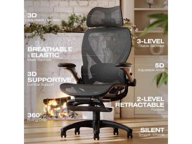 ELABEST X100 Ergonomic Office Chair with Footrest, Big and Tall Home Desk Chair with 5D Flip-Up Arms, Adjustable 3D Lumbar Support,High Back...