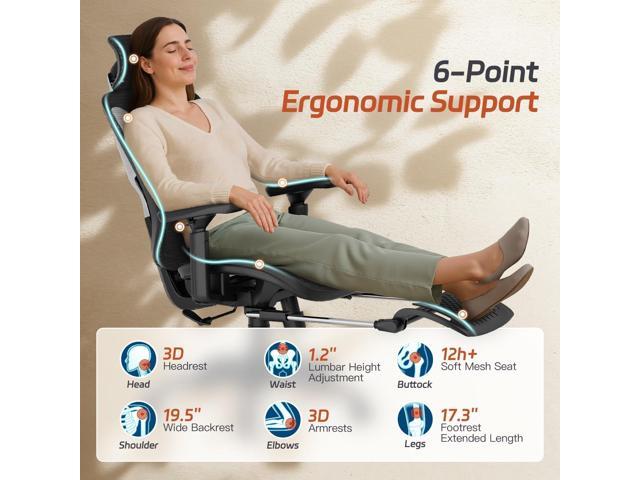 Ergonomic Office Chair, Mesh Desk Chair with Footrest, Adjustable Lumbar Support, 3D Armrest & Large Headrest, 3-Gear Tilt Recline, Stable Swivel...