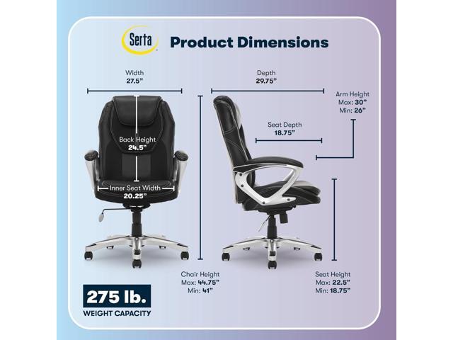 Serta Amplify Executive Office Padded Arms, Adjustable Ergonomic Gaming Desk Chair with Lumbar Support, Faux Leather and Mesh, Black