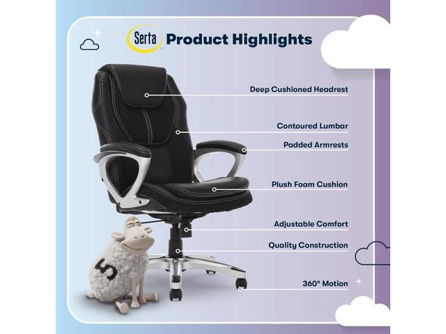 Serta Amplify Executive Office Padded Arms, Adjustable Ergonomic Gaming Desk Chair with Lumbar Support, Faux Leather and Mesh, Black