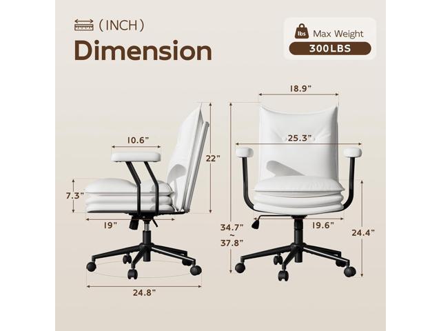 White Leather Office Chair with Wheels, Triple-Layers Thicken Wide Seat Height Adjustable, Mid Back, Comfy Desk Chair for Home, Office