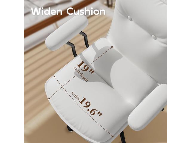 White Leather Office Chair with Wheels, Triple-Layers Thicken Wide Seat Height Adjustable, Mid Back, Comfy Desk Chair for Home, Office