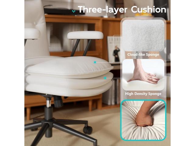 White Leather Office Chair with Wheels, Triple-Layers Thicken Wide Seat Height Adjustable, Mid Back, Comfy Desk Chair for Home, Office
