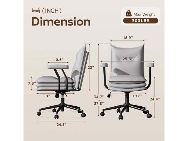 Grey Office Chair with Wheels,Triple-Layers Thicken Wide Seat Height Adjustable,Mid Back Computer Leather Desk Chair for Home,Office