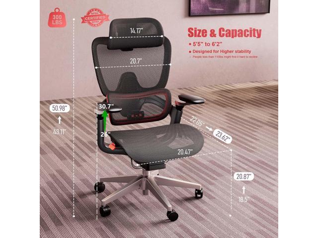 Ergonomic Office Chair, Big and Tall Mesh Computer Gaming Chair with Adaptive Lumbar Support, Work Chair with Headrest, 5D Armrest,90-130°Tilt,...