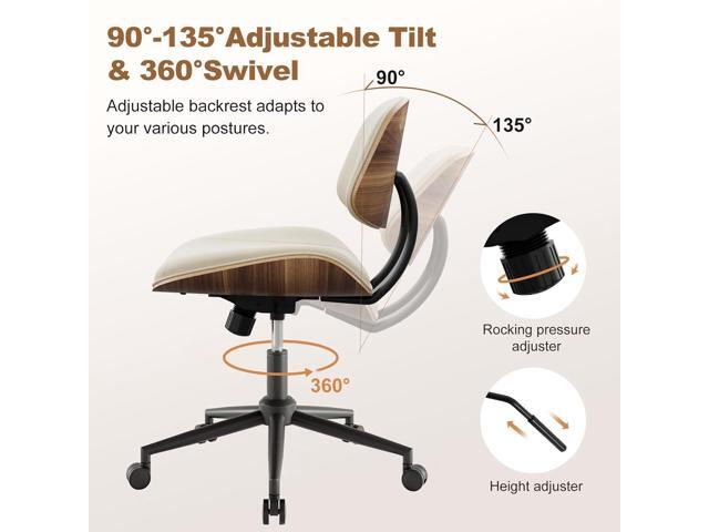 Armless Office Chair with Wheels, PU Leather Adjustable Height Desk Chair - 360° Swivel Ergonomic Computer Chair for Small Space, Modern Walnut...