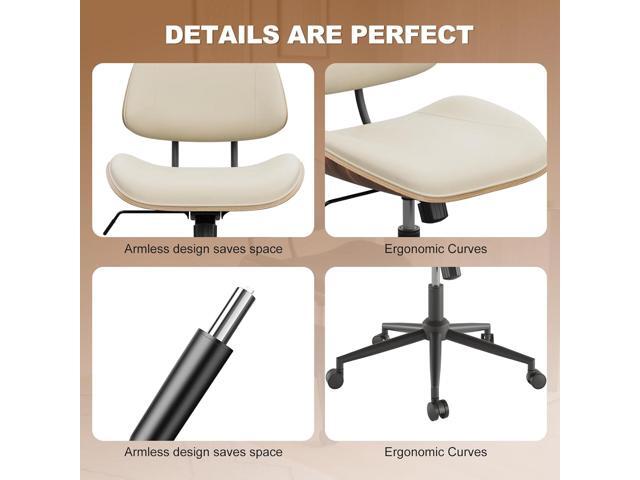 Armless Office Chair with Wheels, PU Leather Adjustable Height Desk Chair - 360° Swivel Ergonomic Computer Chair for Small Space, Modern Walnut...