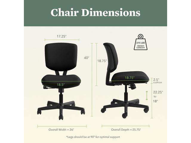 HON Volt Armless Office Chairs with Wheels, Ergonomic Adjustable Center-Tilt Recline, Fabric Back and Seat, Swivel Desk Chair, Black
