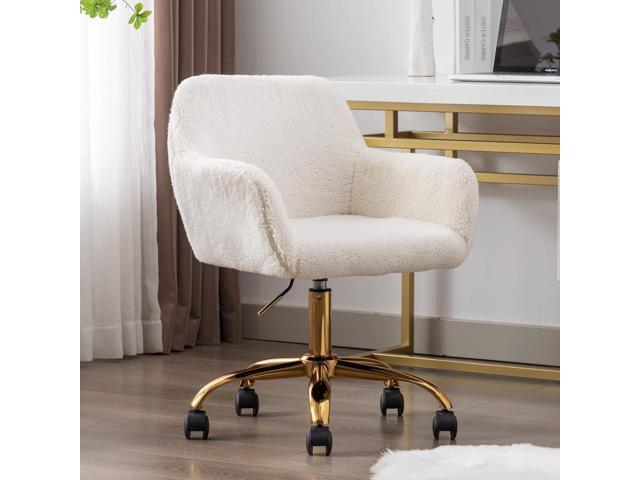 KCC Faux Fur Office Desk Chair, Comfy Swivel Armchair with Wheels, Upholstered Fuzzy Vanity Chair, Adjustable Height, White