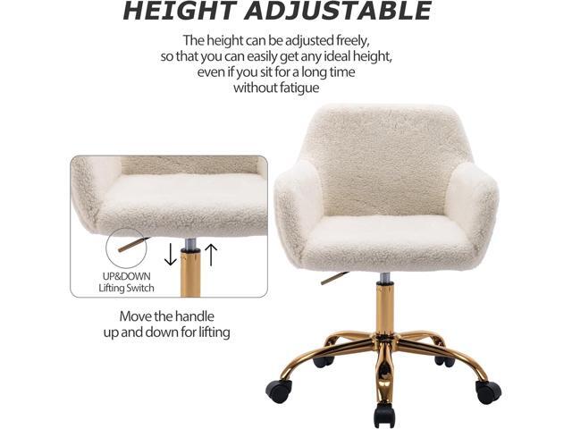 KCC Faux Fur Office Desk Chair, Comfy Swivel Armchair with Wheels, Upholstered Fuzzy Vanity Chair, Adjustable Height, White