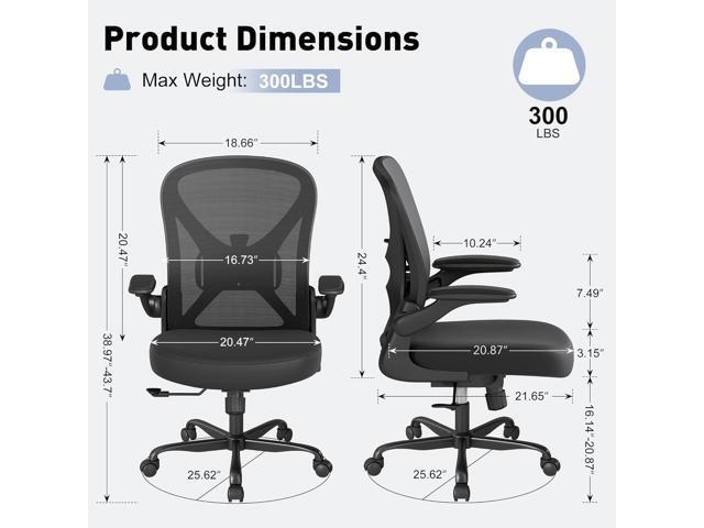 ZZH Mesh Office Chair with Adjustable Lumbar Support and Flip-up Arms, Ergonomic Home Office Desk Chair with Wheels, Black