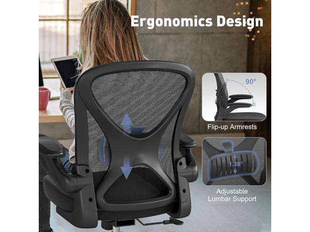 ZZH Mesh Office Chair with Adjustable Lumbar Support and Flip-up Arms, Ergonomic Home Office Desk Chair with Wheels, Black