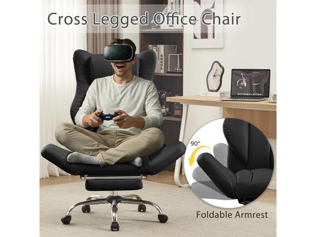 Ergonomic Cross Legged Office Chair with Footrest,Big and Tall Leather Executive Chair with Reversible Armrest,Lumbar Pillow and Wheels,135°...