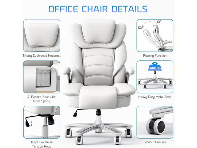 GYI Big and Tall Office Chair 400lb Wide Seat, Ergonomic High Back Leather Executive Desk Chair with Flip-up Arms, White