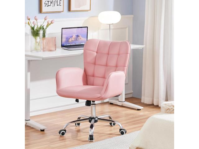 Yaheetech Modern Faux Leather Office Chair Ergonomic Adjustable Vanity Makeup Chair with Padded Armrests Big Seat for Office, Study, Home, Pink