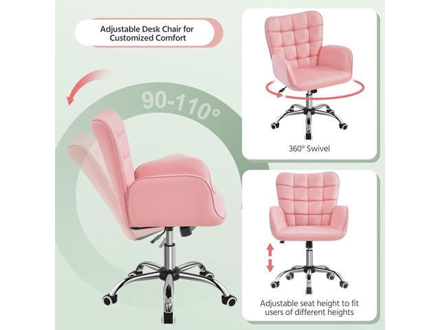 Yaheetech Modern Faux Leather Office Chair Ergonomic Adjustable Vanity Makeup Chair with Padded Armrests Big Seat for Office, Study, Home, Pink