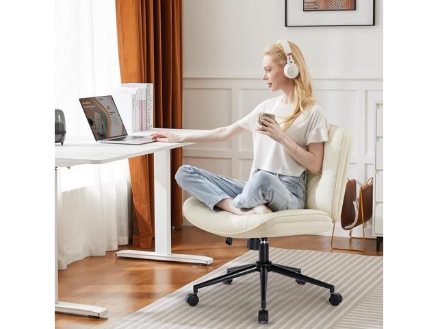 OLIXIS Criss Cross Chair with Wheels, Armless Wide Cross Legged Vanity Office Desk Chair with Comfy PU Leather& Back - Swivel for Home Office...