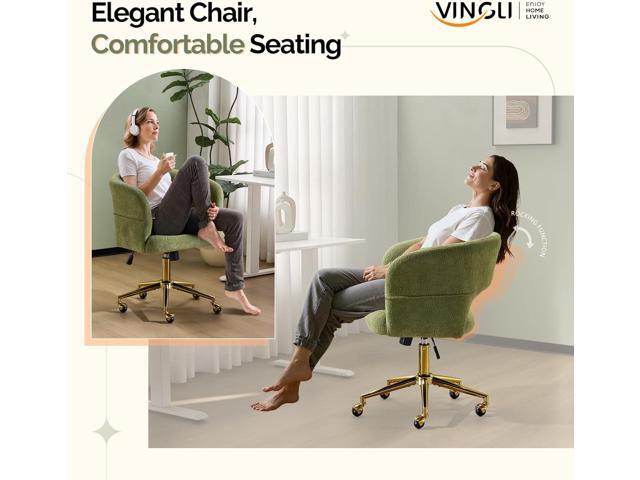 VINGLI Modern Curved Office & Vanity Desk Chair, Cute Upholstered Nail Chair with Wheels & 360° Swivel & Club & Tilting & Gold Base, for Bedroom,...