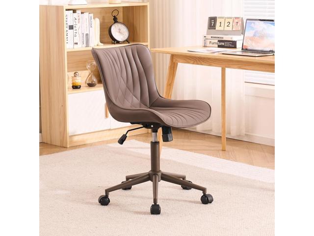YOUTASTE All Brown Armless Office Chair, Modern Adjustable Swivel Desk Chair with Wheels, Upholstered PU Leather, Brown Metal Legs, Back Support...