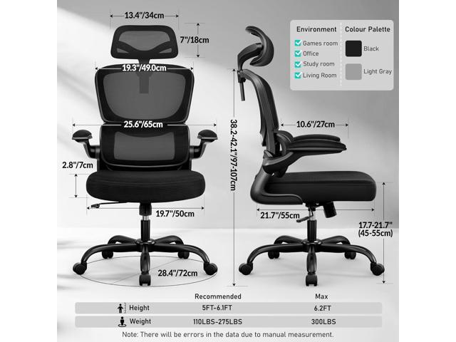 High Back Ergonomic Office Chair, Breathable Mesh Desk Chair with Lumbar Support, Adjustable Headrest, Flip-up Armrests, Computer Gaming Chair