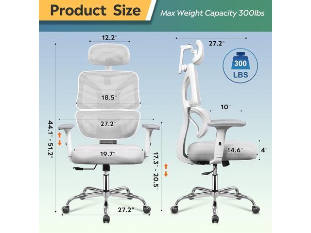 DEVAISE Office Chair Big and Tall Reclining Ergonomic Desk Chair for Long Hours, Comfy Breathable Mesh, Adjustable Armrests with Lumbar Support, White