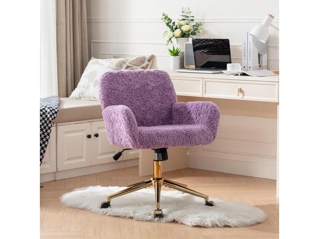 Henf Purple Faux Fur Upholstered Desk Chair Makeup Vanity Chair for Girls,Swivel Office Chair with Gold Base,Height Adjustable Tiltable Computer...
