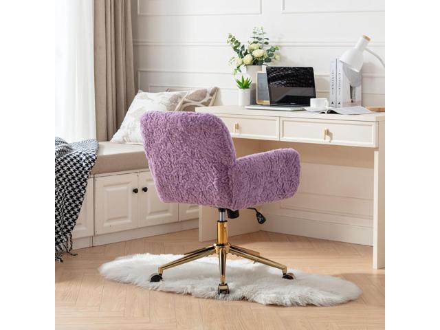 Henf Purple Faux Fur Upholstered Desk Chair Makeup Vanity Chair for Girls,Swivel Office Chair with Gold Base,Height Adjustable Tiltable Computer...