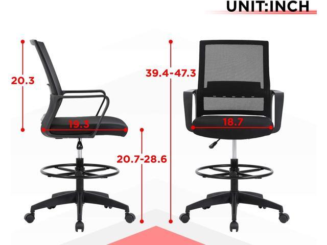 Drafting Chair Tall Office Chair Mesh Ergonomic Mid-Back Desk Chair with Adjustable Foot Ring for Executive Computer Standing Desk, Black