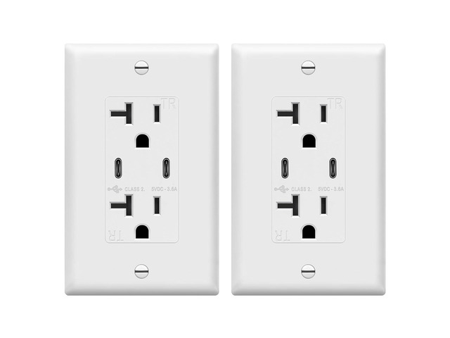 TOPGREENER 2-Port USB C Wall Outlet, 20 Amp Tamper-Resistant Receptacle, Charging Power Outlet with USB Ports, UL Listed, TU22036A2C-2PCS, White, 2...
