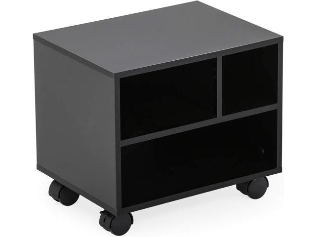 FITUEYES Mobile Printer Stand with Storage, Under Desk Black Wood Small Rolling Printer Table Work Cart with Wheels and 3 Compartment Organizer...