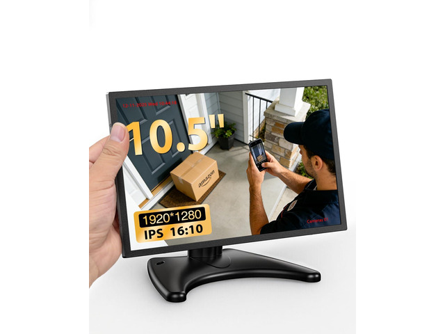 10.5 Small Monitor 16:10 FHD (1920×1280) HDMI & VGA Input, Metal Case, Dual Speakers, High Brightness, VESA & Moon Stand for PC, RasP Pi, CCTV &...
