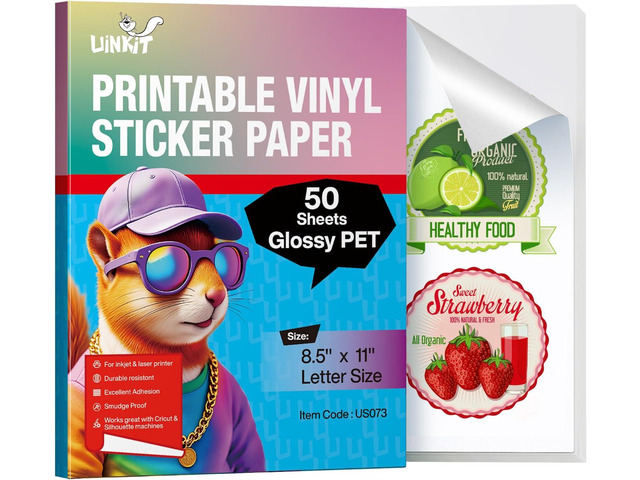 Uinkit Glossy PET Vinyl Sticker Paper Letter Size 8.5x11', Tear-Resistant & Waterproof with Inkjet/Laser Printers & Cricut, for Small Business...