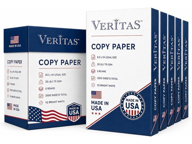 Veritas Copy Paper 8.5 x 14 Legal Size, 5 Reams, 2500 Sheets Total, 20 lb / 75 GSM, 92 Bright White Multipurpose Printer Paper for Office,.