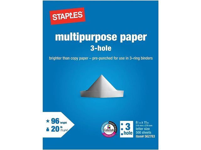 Staples Multipurpose Paper, 8 1/2 x 11, 3-Hole Punched, Ream, for Office, School & Home