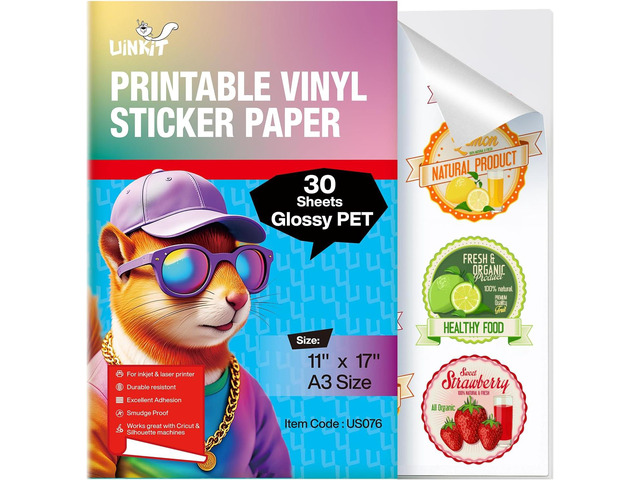 Uinkit Glossy PET Vinyl Sticker Paper for Menu Labels & Product Branding, Waterproof Tear-Resistant Printable Vinyl for Inkjet/Laser Printers,...