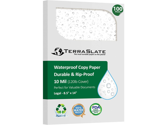 TerraSlate Printable Waterproof Paper for Laser Printer, 10 MIL 8.5' x 14', 100 Sheets, Matte White Printer Paper I Rip-Resistant, Weather/Rain...