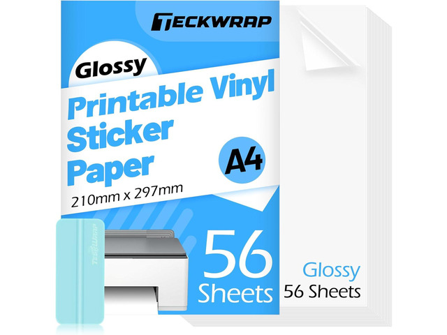 TECKWRAP Printable Vinyl Sticker Paper for Inkjet Printer, Glossy Inkjet Printable Vinyl, 8.26' x 11.69' A4 56 Sheets/Pack Printing Paper for Craft...