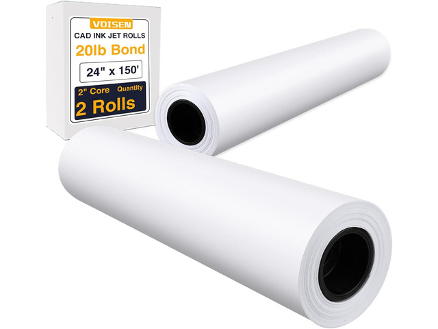 VOISEN Wide Format Plotter Paper, 24 In x 150 Ft, 2 Rolls, CAD Bond, 20lb Bond on 2' Core for CAD Ink Jet Printers