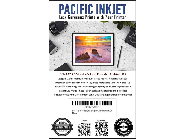 8.5x11 25 Sheets 12mil 205gsm 100% Cotton Fine Art Natural Matte Double Sided Inkjet Paper - Archival Grade Paper for Inkjet Photo Printers - OBA...