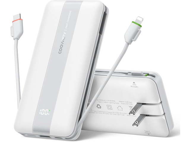 Fast Charging Power Bank, USB C Portable Charger Built-in Cables and Wall Plug, 10500mAh 22.5W 4 Outputs 3 Inputs LED Display External Battery Pack...