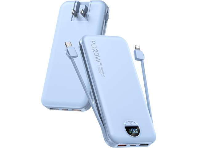 Portable Charger with Built-in Cables and Wall Plug, 10000mAh PD20W USB C Power Bank Fast Charging with LED Display, External Battery Pack Travel...