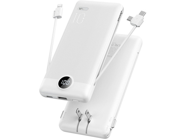 VRURC Portable Charger with Cables and Wall Plug Power Bank with Cords 10000mAh Portable Charger with AC Plug External Battery Pack (Pure White)