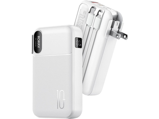 RORRY Portable Charger Built in Cables, AC Wall Plug In Portable Charger Power Bank 10000mAh Travel Battery Pack 22.5W Fast Charging for iPhone...