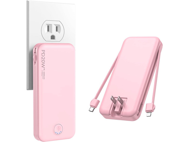 Nusyddy Portable Charger 10000mAh Fast Charging w/Built-in Wall Plug Pink PD20W Fast Charging, LED Indicator, Pass Through Charging, TSA...