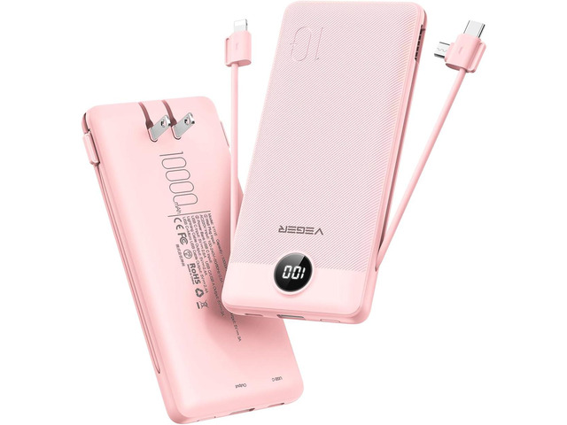 VEGER Portable Charger with Built-in AC Plug and Cables, All in One 10000mAh Ultra Slim Power Bank Travel Essentials, Fast Charging Battery Pack...