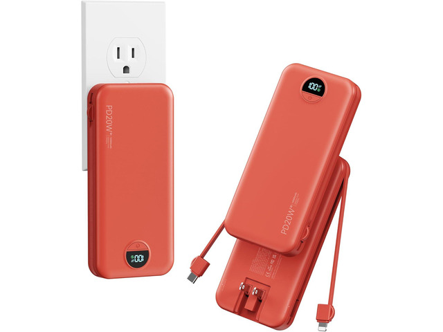 10000mAh Ultra-Portable-Charger-Power-Bank with Built in Cables & AC Wall Plug, PD20W USB-C Fast Charging Cell Phone Charger Battery Pack,LED Display...