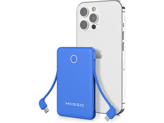 miisso 6000mah Ultra Slim Built in Cables Power Bank, Card Size Built in USB C Cords Battery Pack Portable Charger for Phones, 3 Output External...