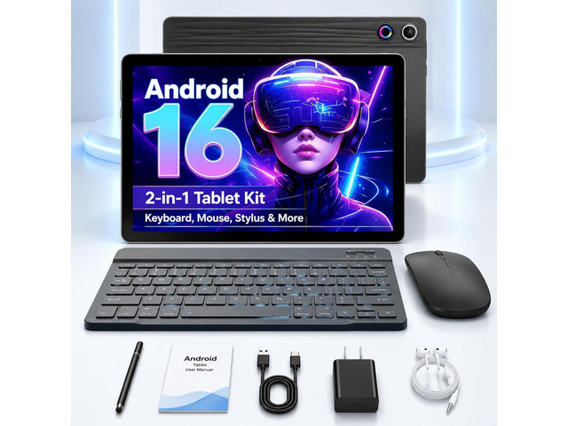 Jeazans Android 16 Tablet 10.1 Inch, 2-in-1 Tablet Bundle with Keyboard, Wireless Mouse, Stylus, Leather Case, Dual Camera, 64GB Storage+1TB...