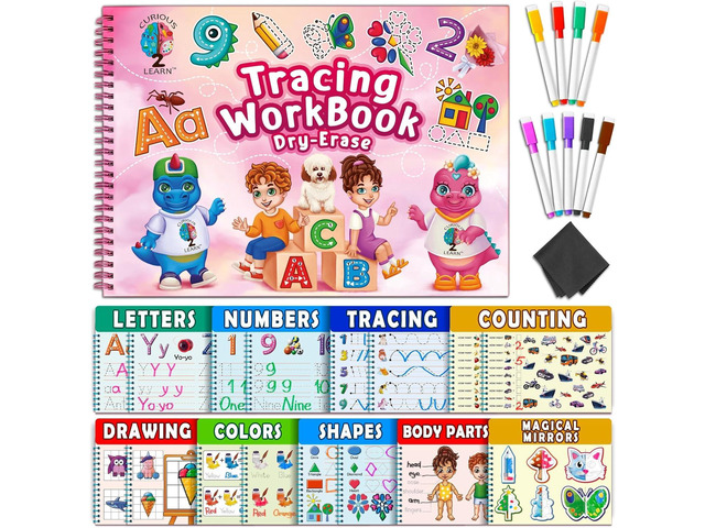 Curious 2 Learn Hardcover Preschool Activity Workbook for Kids Ages 35 32 Montessori Learning Activities with 9 Markers ABC, Numbers, Colors &...
