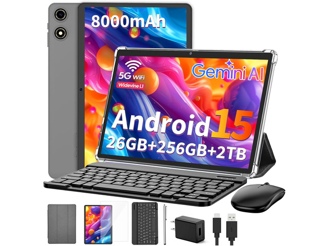 Suicoey 2026 Tablet with Keyboard, 26GB + 256GB (2TB Expand), 10 inch Android 15 Tablets with Octa Core, Gemini AI, 5G WiFi, 8000mAh, BT 5.0, 2 in...